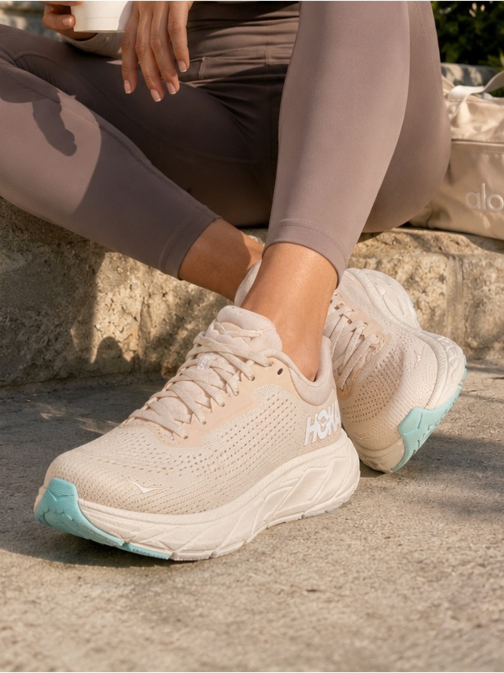 Hoka Women's Blush Pink Running Shoes with Mint Outsole Accent